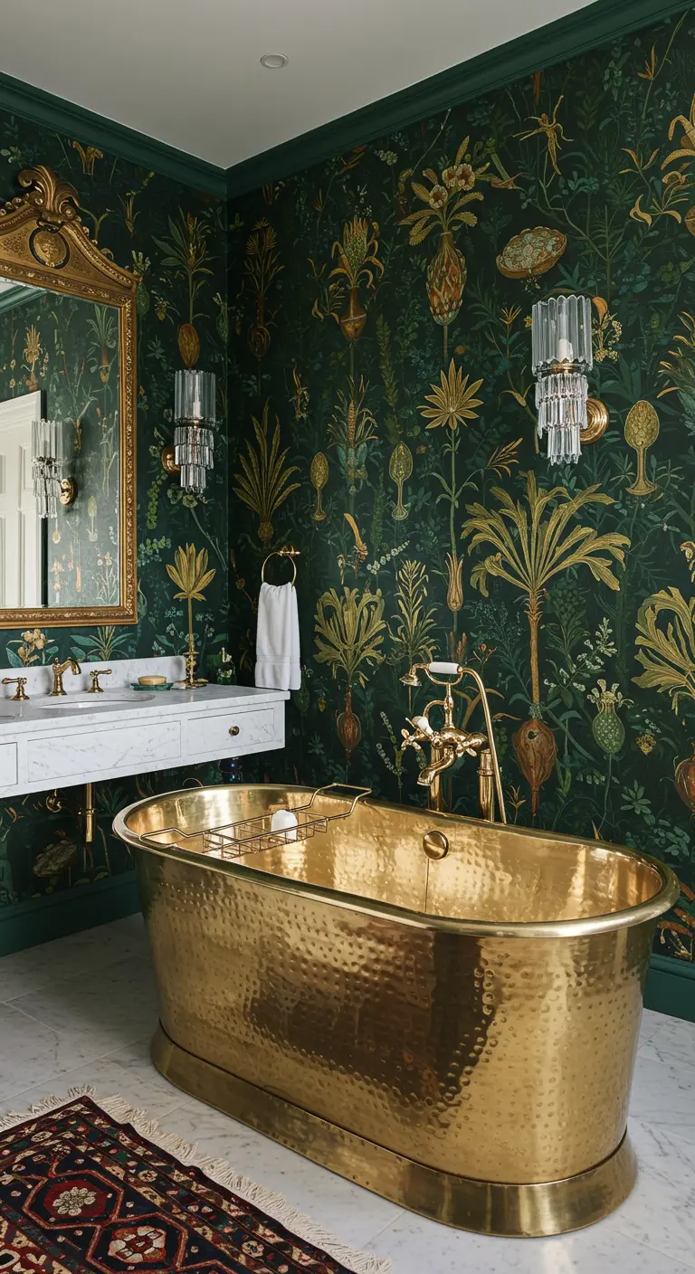 Baño maximalista con papel tapiz botánico verde y dorado, y una impresionante bañera de latón.