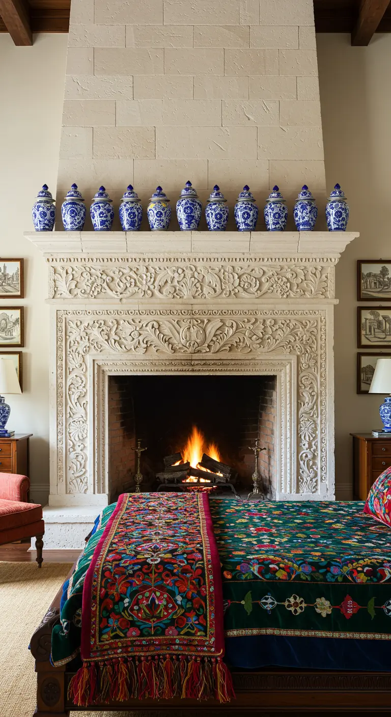 Dormitorio elegante con chimenea ornamentada, jarrones de talavera y colcha bordada.