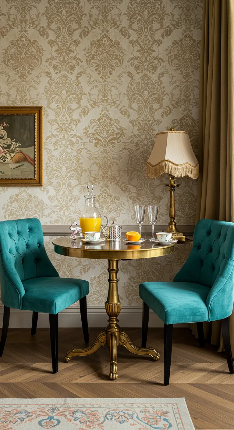 Rincón de desayuno elegante con papel tapiz damasco, sillas de terciopelo turquesa y mesa dorada.