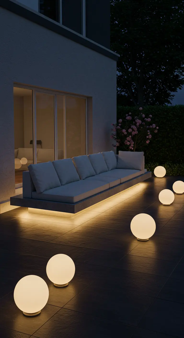 Terraza minimalista con un sofá flotante iluminado por debajo y varias lámparas esféricas en el suelo
