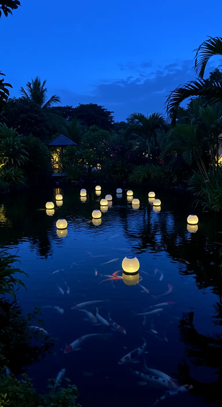 Estanque de peces koi de noche con varias luces esféricas flotantes iluminando el agua.