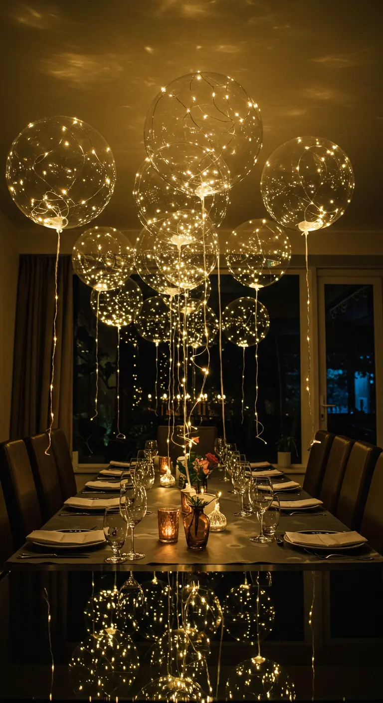 Globos transparentes llenos de luces de hadas flotando sobre una mesa de comedor elegantemente dispuesta.