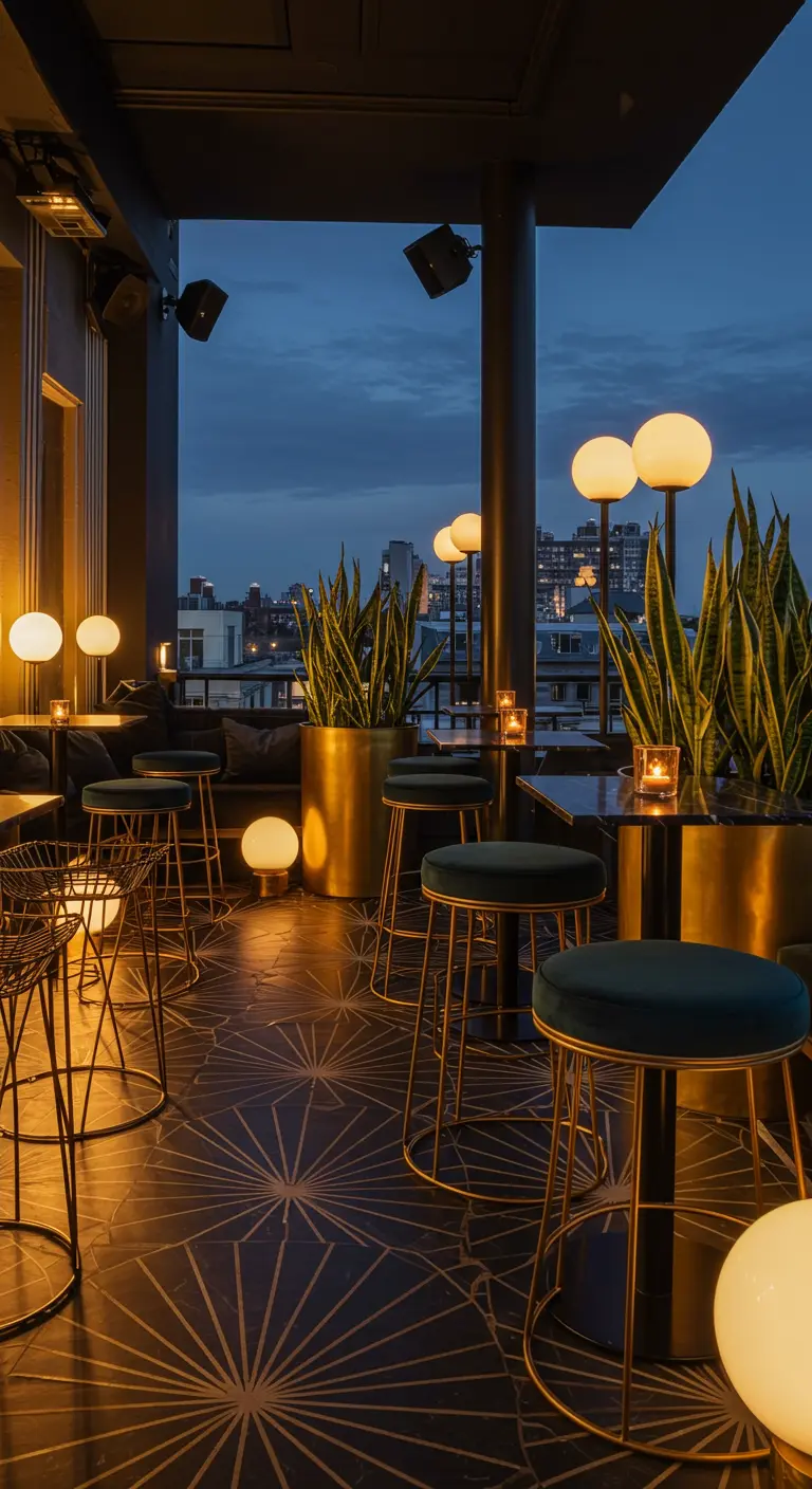 Azotea de un bar con taburetes de terciopelo, maceteros dorados y lámparas esféricas luminosas