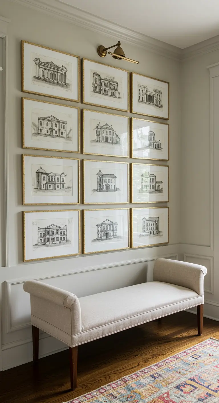 Pasillo clásico con una galería simétrica de bocetos arquitectónicos y un banco tapizado.