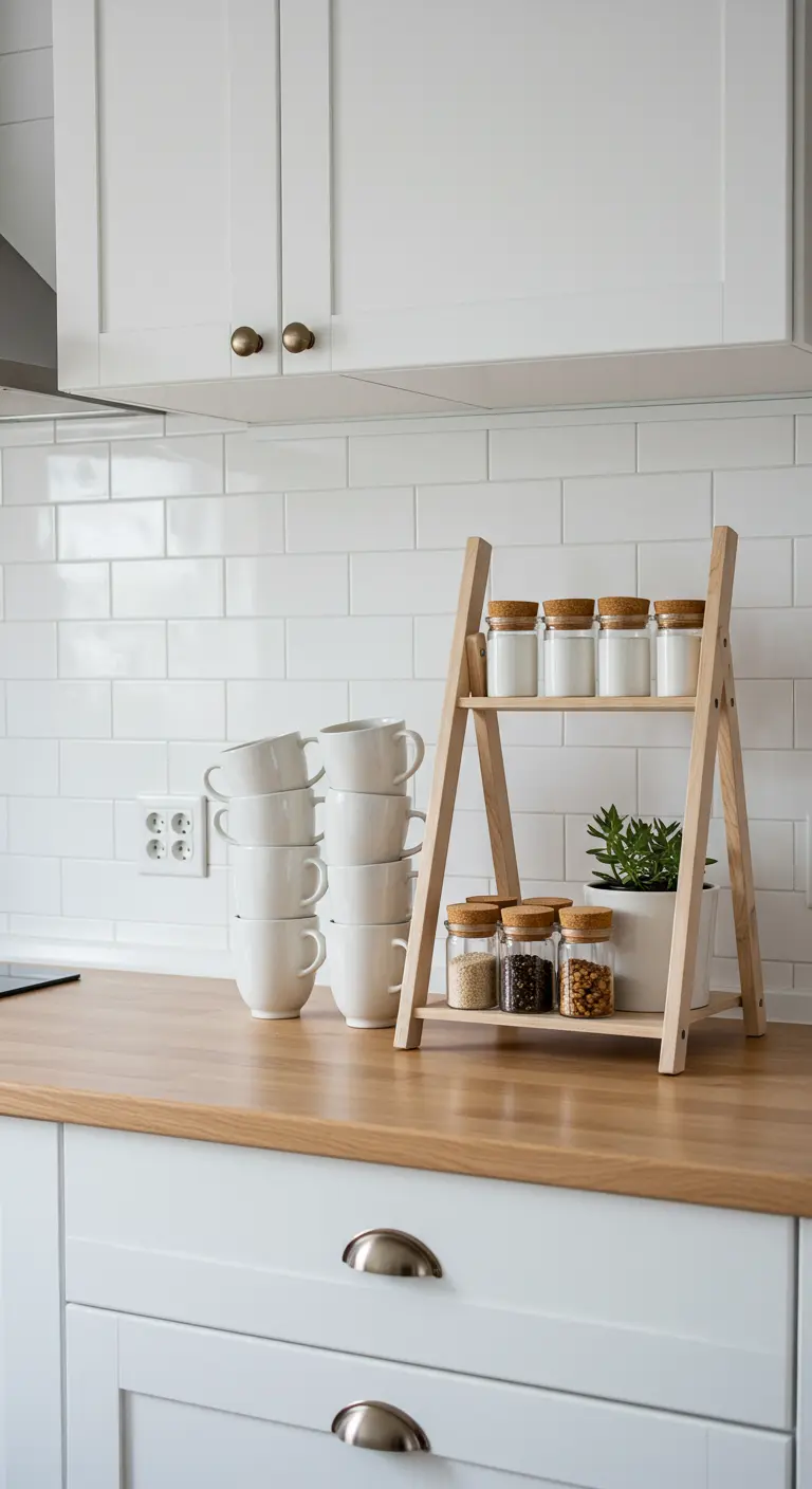 Pequeña estantería de madera en forma de escalera sobre una encimera de cocina con tazas y botes.