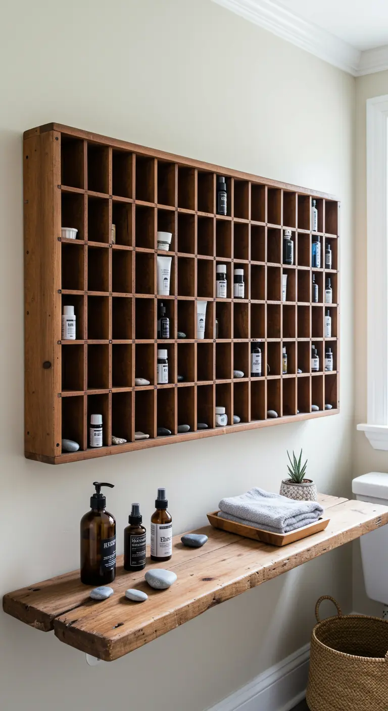 Mueble de imprenta de madera colgado en la pared de un baño para organizar productos.