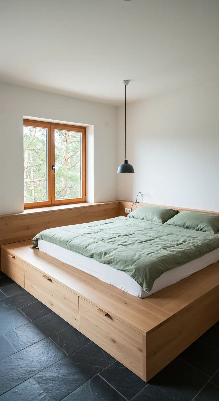 Cama de plataforma de madera con grandes cajones de almacenaje integrados.