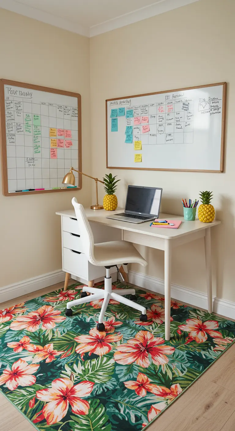 Oficina organizada con pizarras blancas, adornos de piña y una alfombra floral muy colorida.