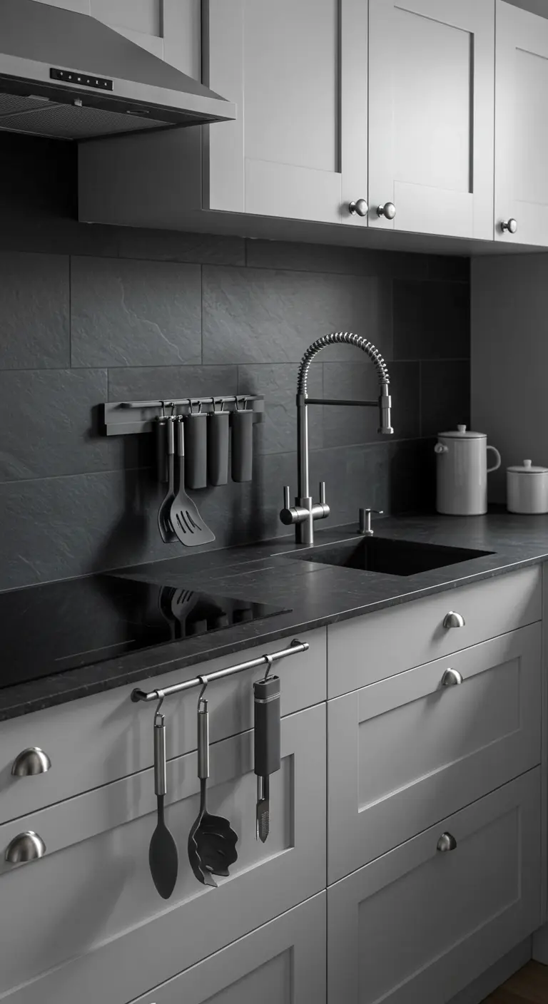 Cocina moderna gris con un sistema de doble barra metálica para colgar cuchillos y utensilios