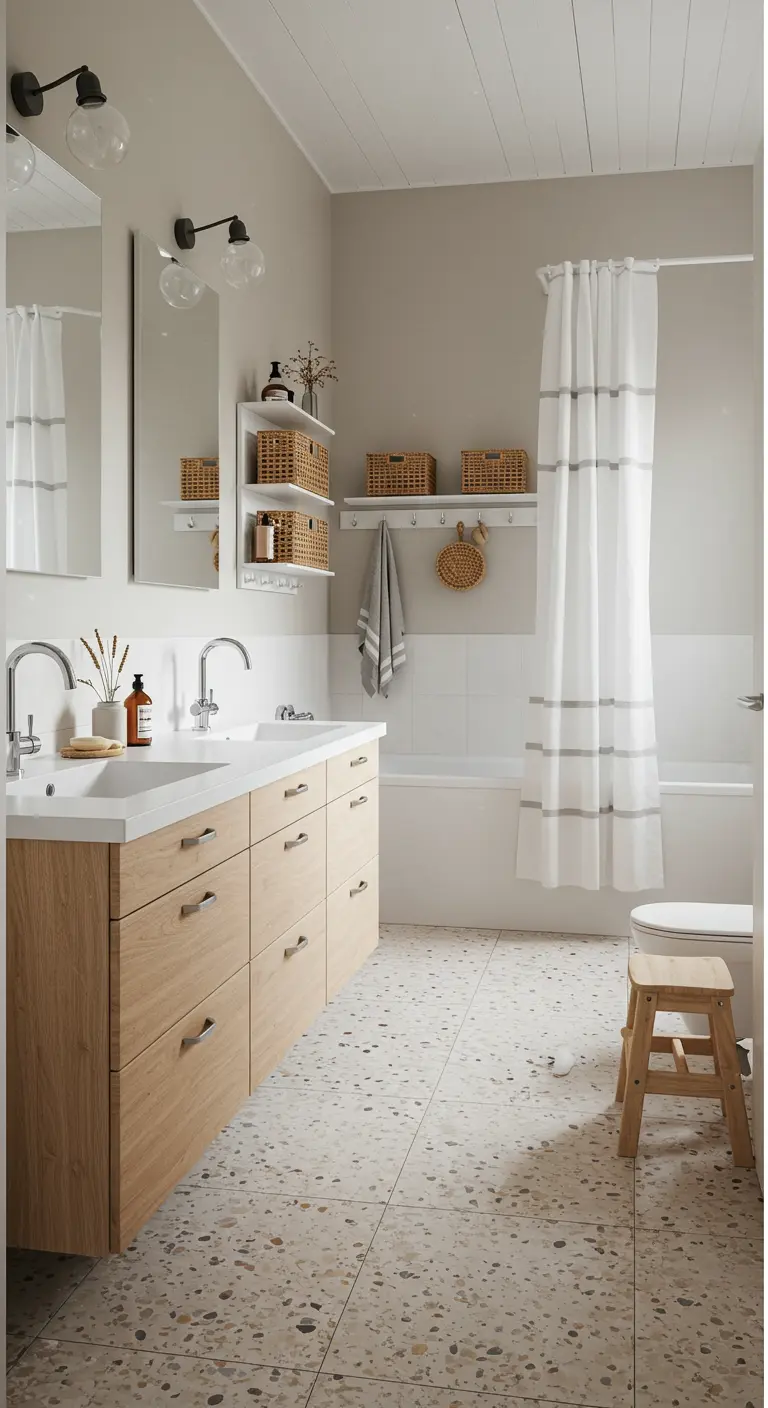 Baño con almacenaje abierto en estantes, cestas de mimbre y suelo de terrazo.