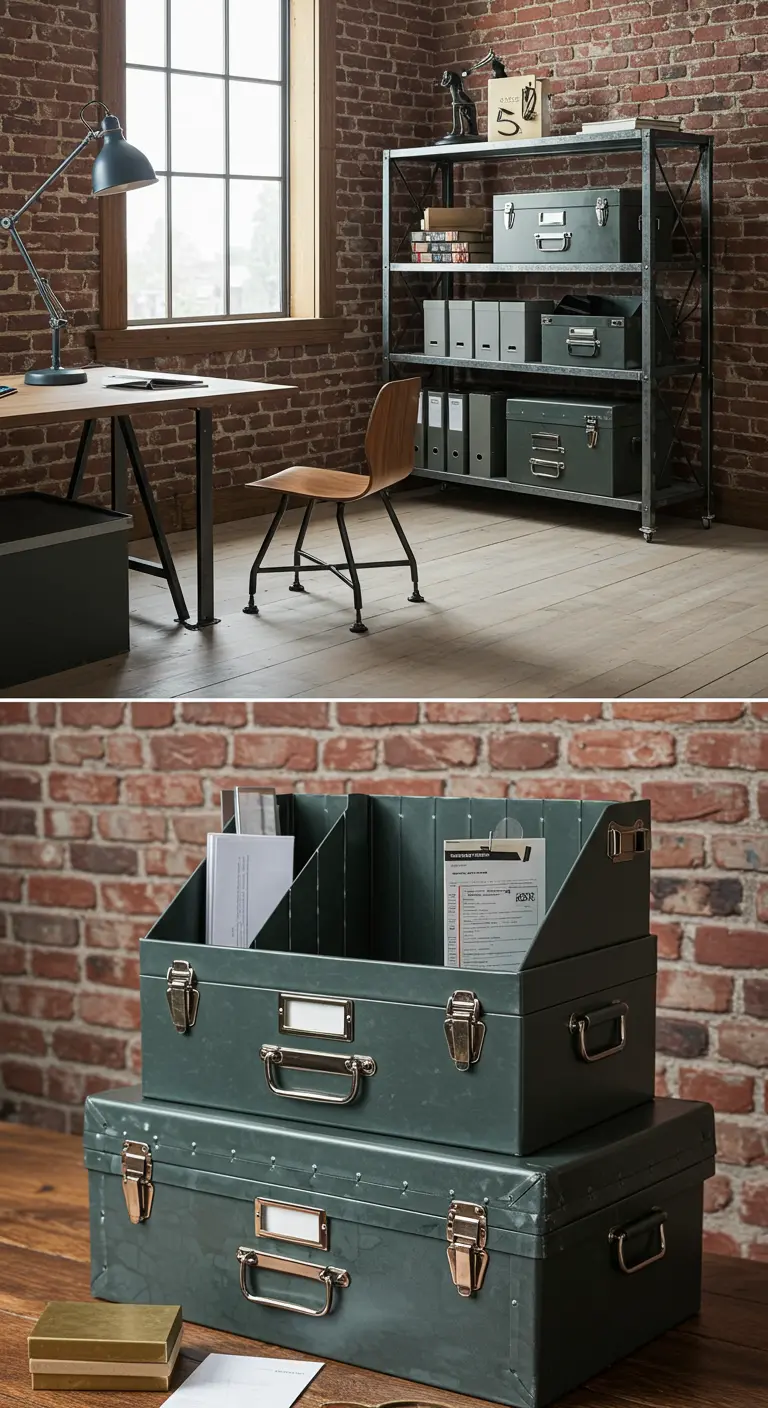 Cajas metálicas apiladas en color verde militar, usadas como sistema de archivo en un escritorio.