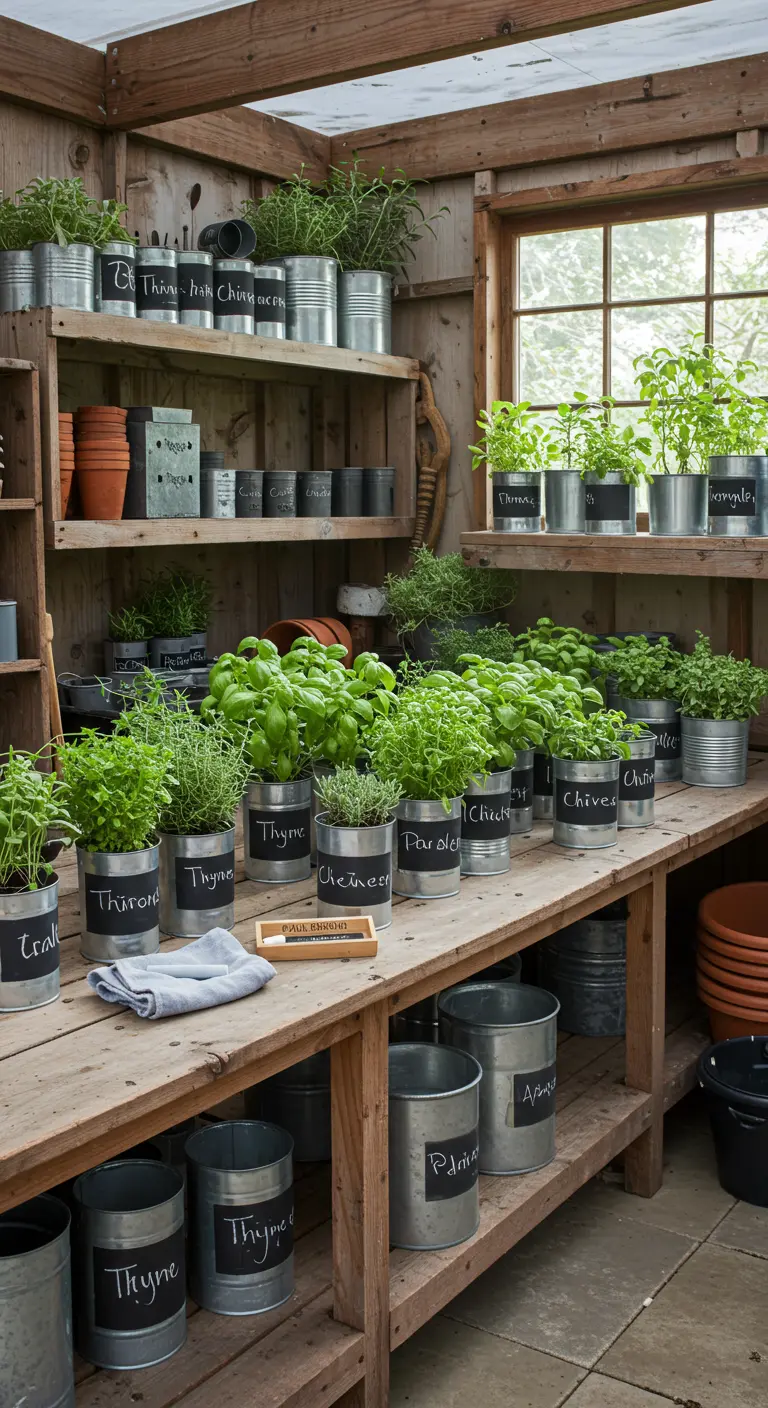 Latas metálicas usadas como macetas con etiquetas de pintura de pizarra para hierbas.