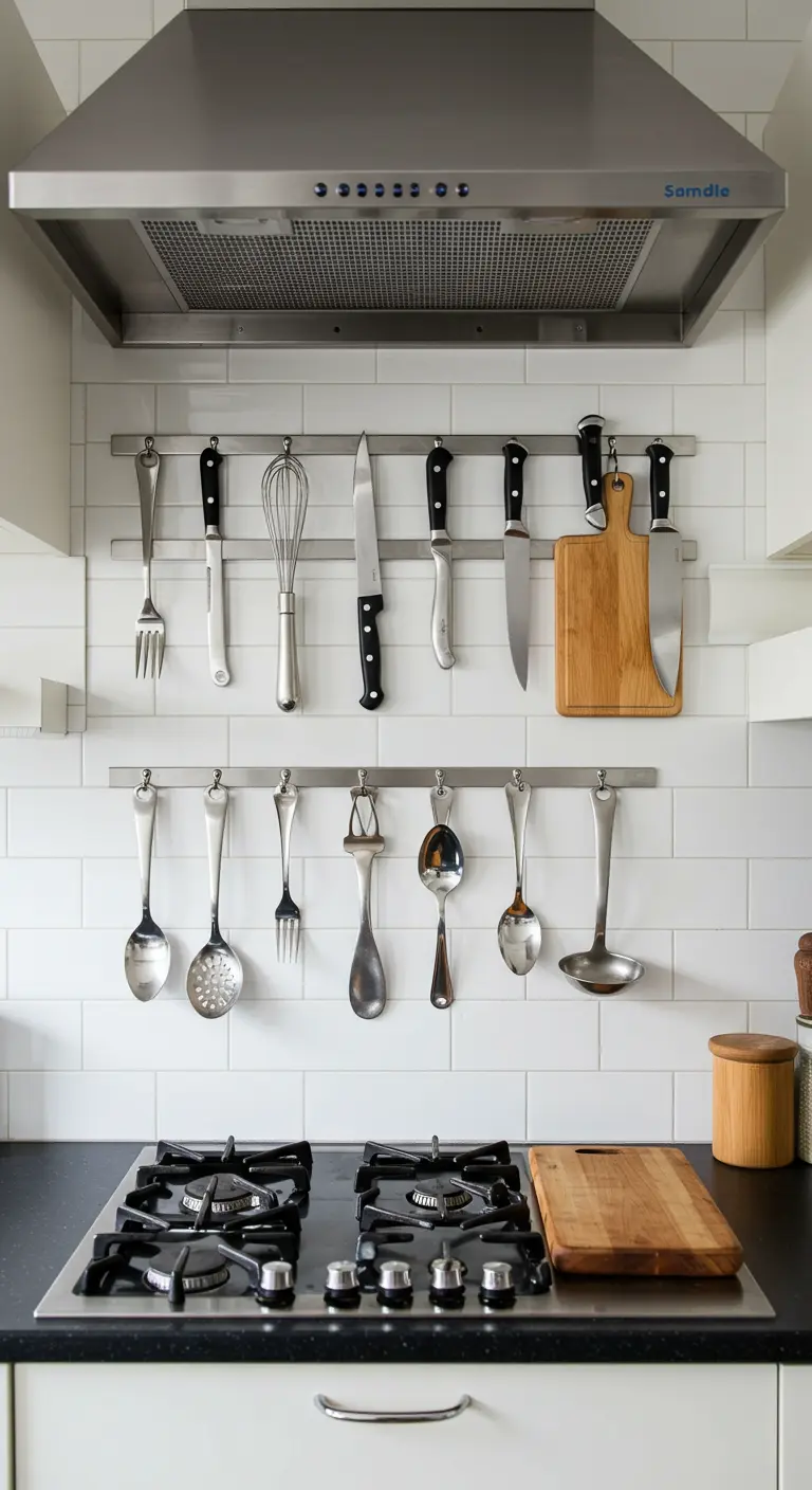 Cubiertos y utensilios de cocina con agujeros en los mangos, colgados de una barra de metal en la pared.