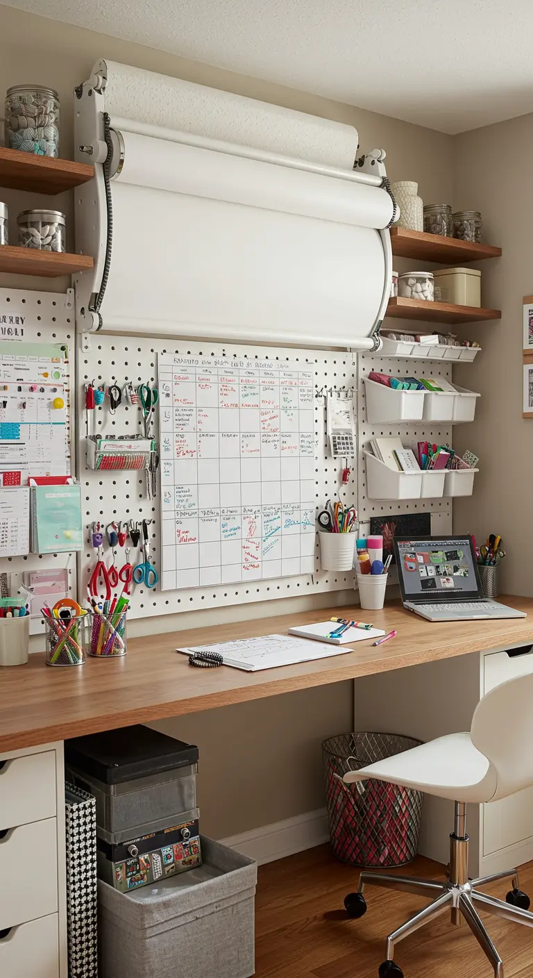 Pared de trabajo muy organizada con pegboard blanco, estantes de madera y un rollo de papel kraft.