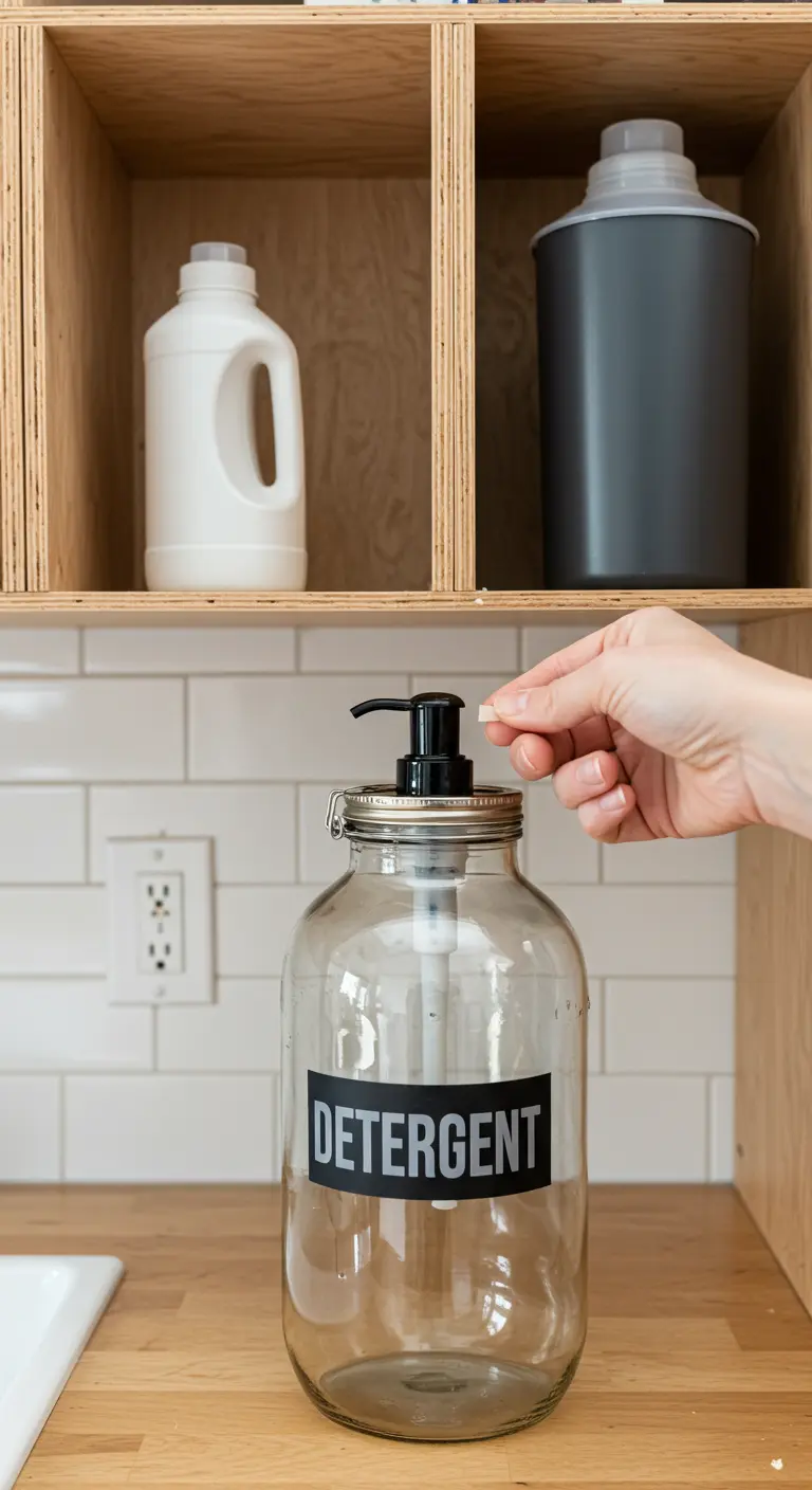 Frasco de vidrio gigante con una etiqueta negra que dice 'DETERGENT', usado como dispensador.