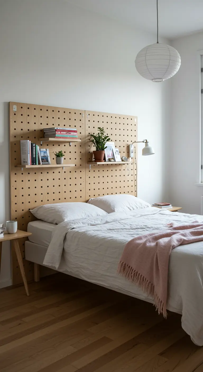 Cabecero hecho con dos grandes tableros perforados de madera con pequeñas estanterías para libros y plantas