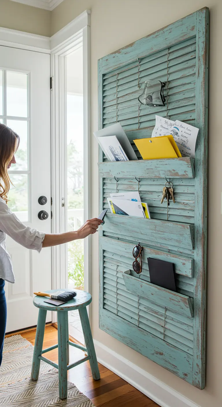 Persiana turquesa convertida en un organizador de pared para cartas y llaves en la entrada