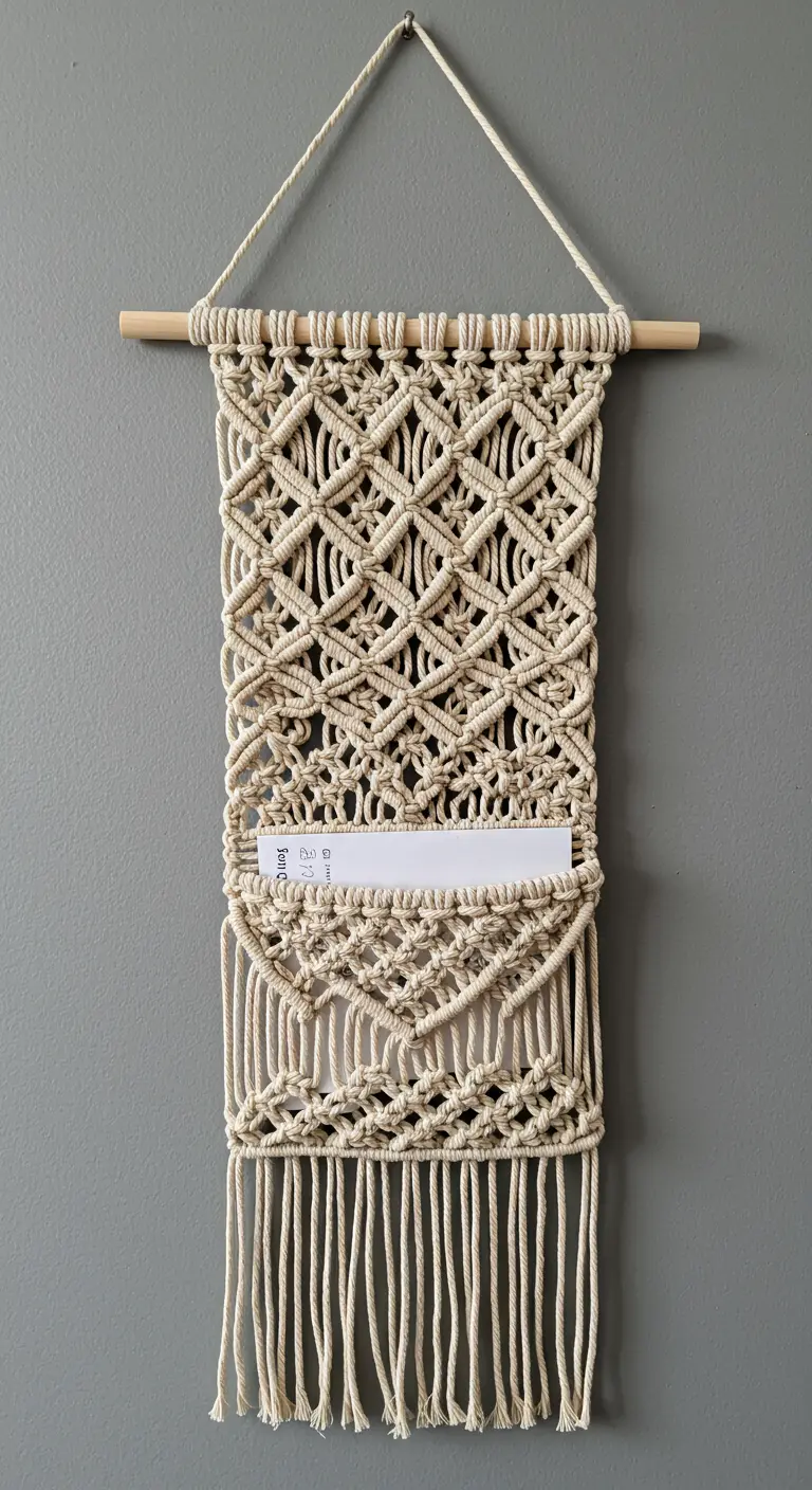 Organizador de pared de macramé con un bolsillo para guardar cartas o revistas.