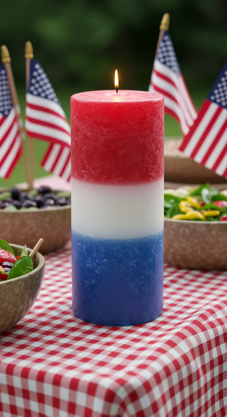 Vela cilíndrica con las capas de la bandera americana en una mesa de pícnic.