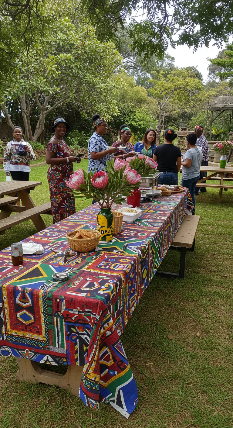 Mesa de picnic con un mantel de vibrantes patrones geométricos sudafricanos y flores de protea.