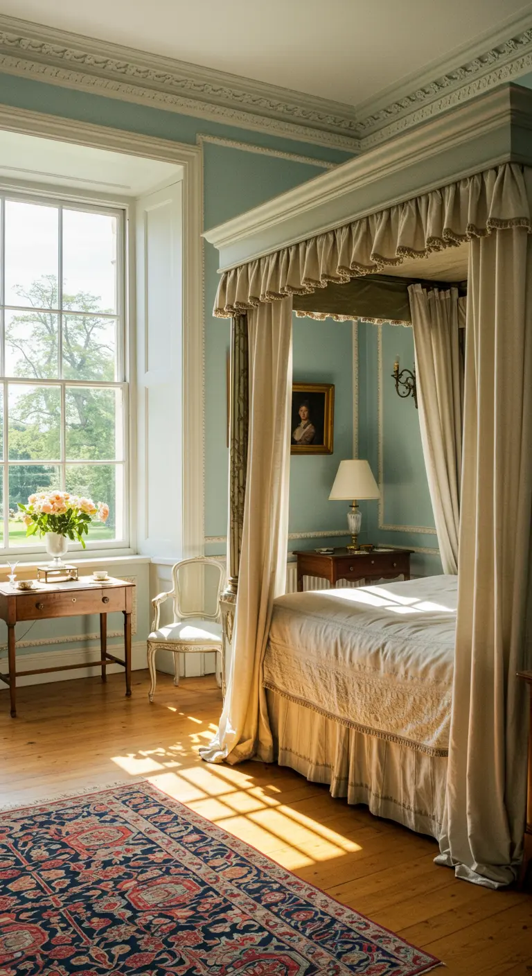 Dormitorio de estilo Regencia con cama con dosel, paredes azul pálido y muebles clásicos.