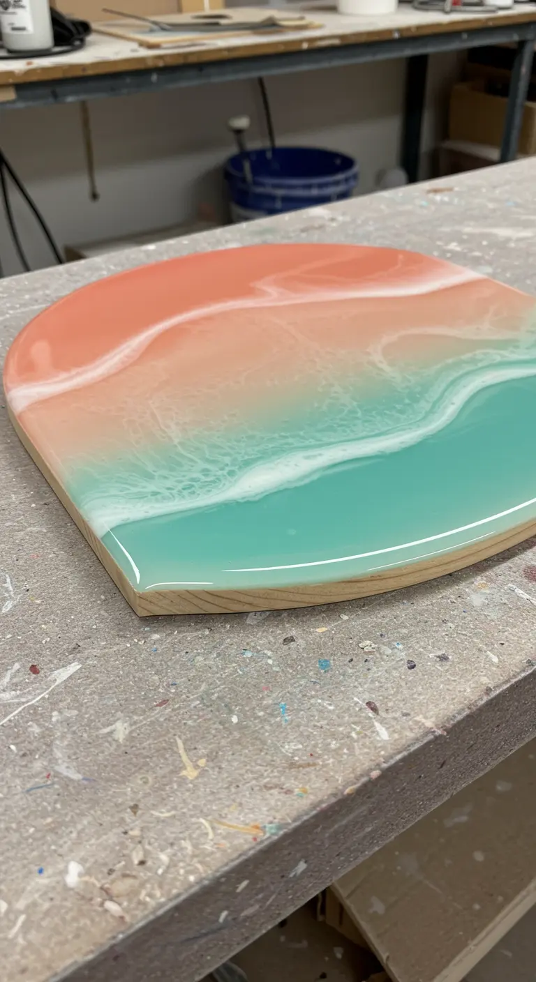 Tabla de madera con un acabado de resina brillante en degradado de coral a turquesa con olas.
