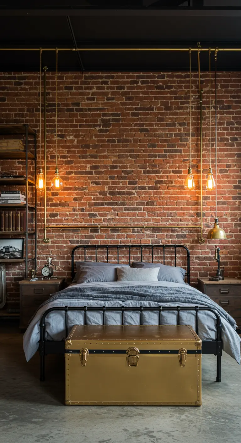 Dormitorio industrial con pared de ladrillo, iluminación de tuberías doradas y un baúl dorado.