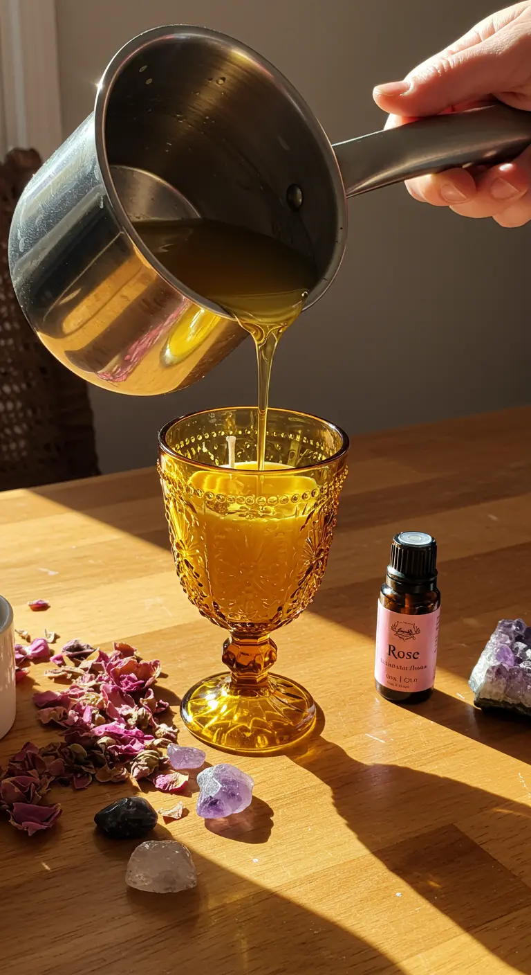 Vertiendo cera de abeja derretida en una copa de cristal tallado color ámbar