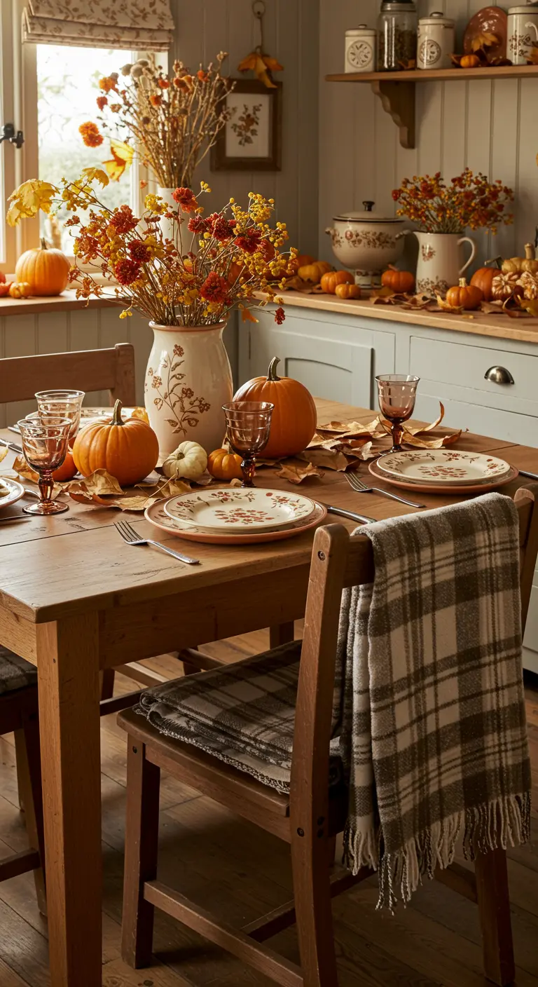 Mesa de comedor cottage decorada para el otoño con calabazas, hojas secas y una manta de cuadros.
