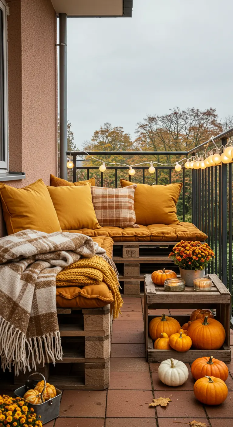 Balcón decorado para el otoño con sofá de palets, cojines en tonos ocres, mantas y calabazas.