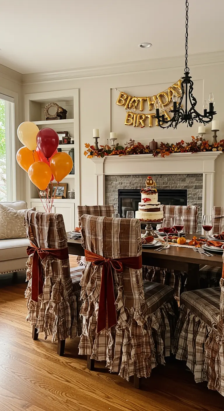 Sillas de comedor cubiertas con fundas de tela de tartán con volantes y lazos de terciopelo.
