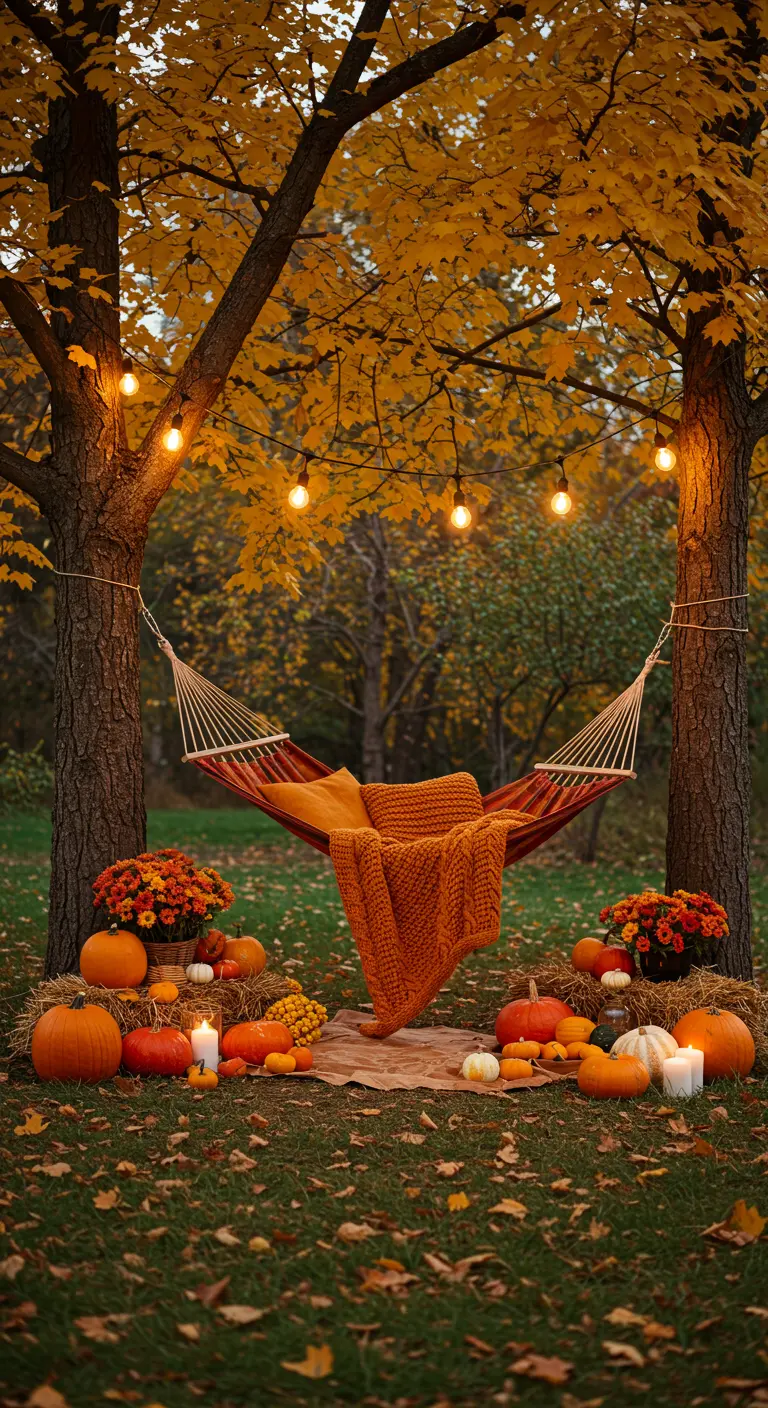 Hamaca de rayas con manta naranja y calabazas en un jardín otoñal.