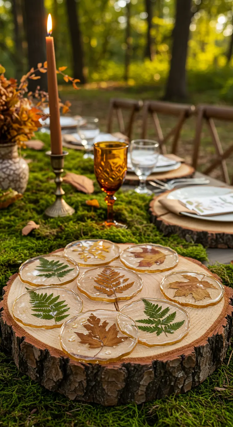 Posavasos de resina transparente con hojas de otoño prensadas en su interior, sobre un tronco de madera.