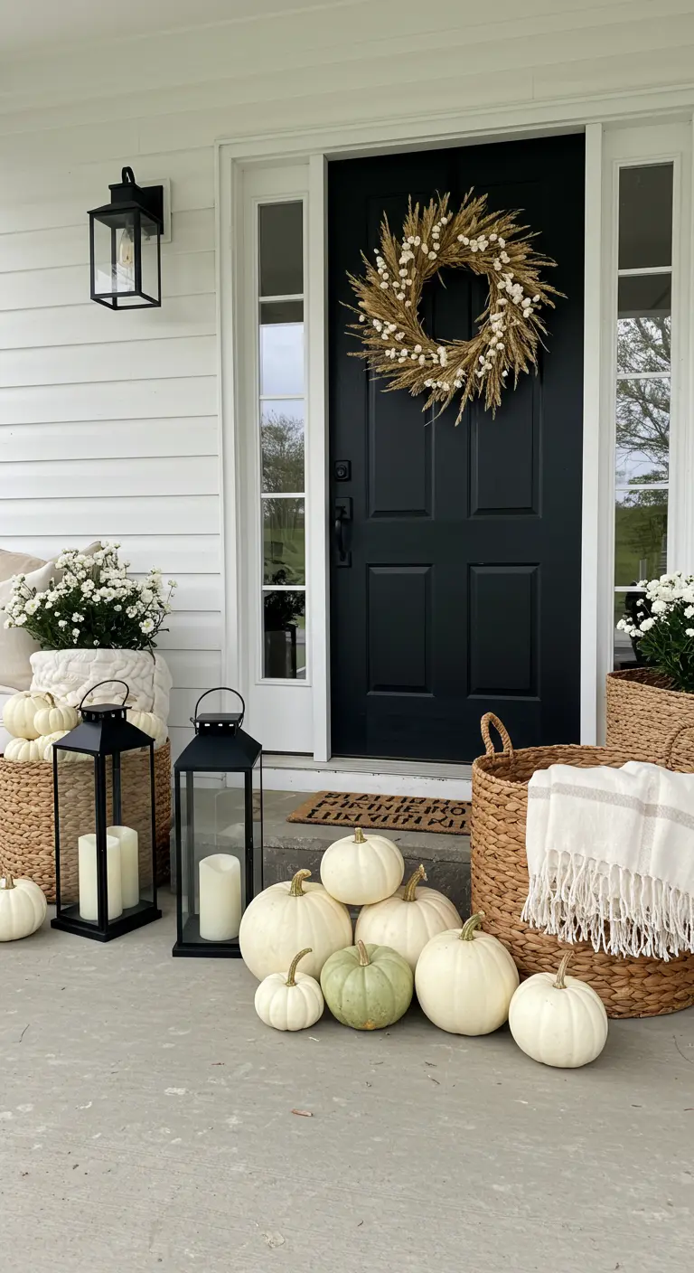Porche decorado con calabazas blancas, cestas de mimbre y faroles negros para un look otoñal.