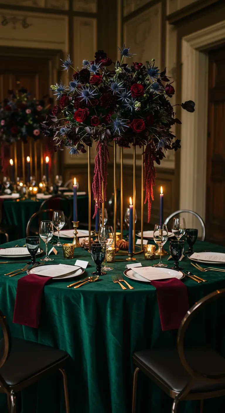 Mesa de boda elegante con mantel de terciopelo verde, flores rojas y velas azules.