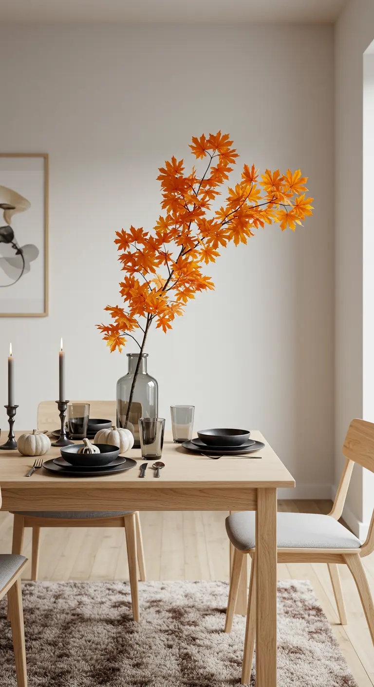 Mesa minimalista de otoño con vajilla negra y una rama de arce naranja.