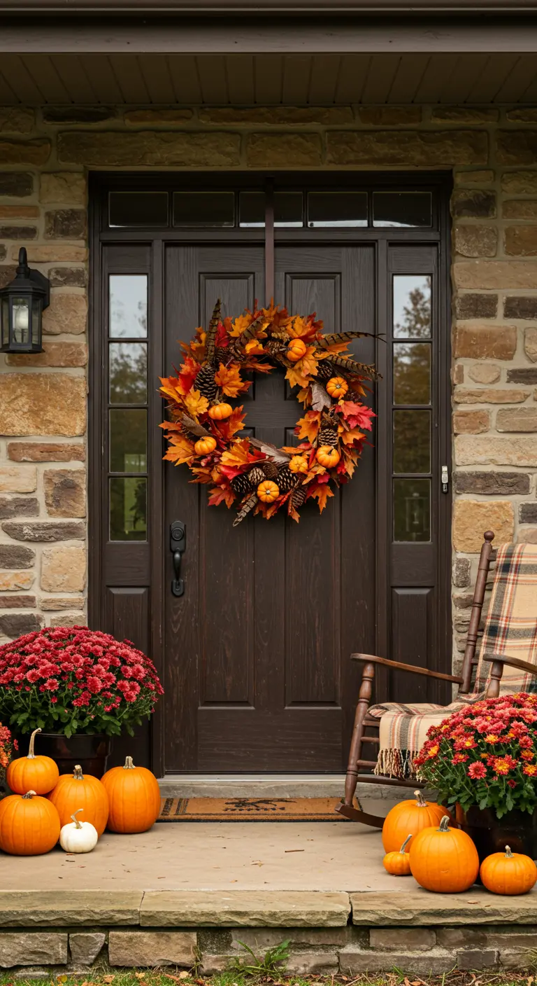 Corona de otoño con hojas, mini calabazas y plumas en una puerta de madera oscura.