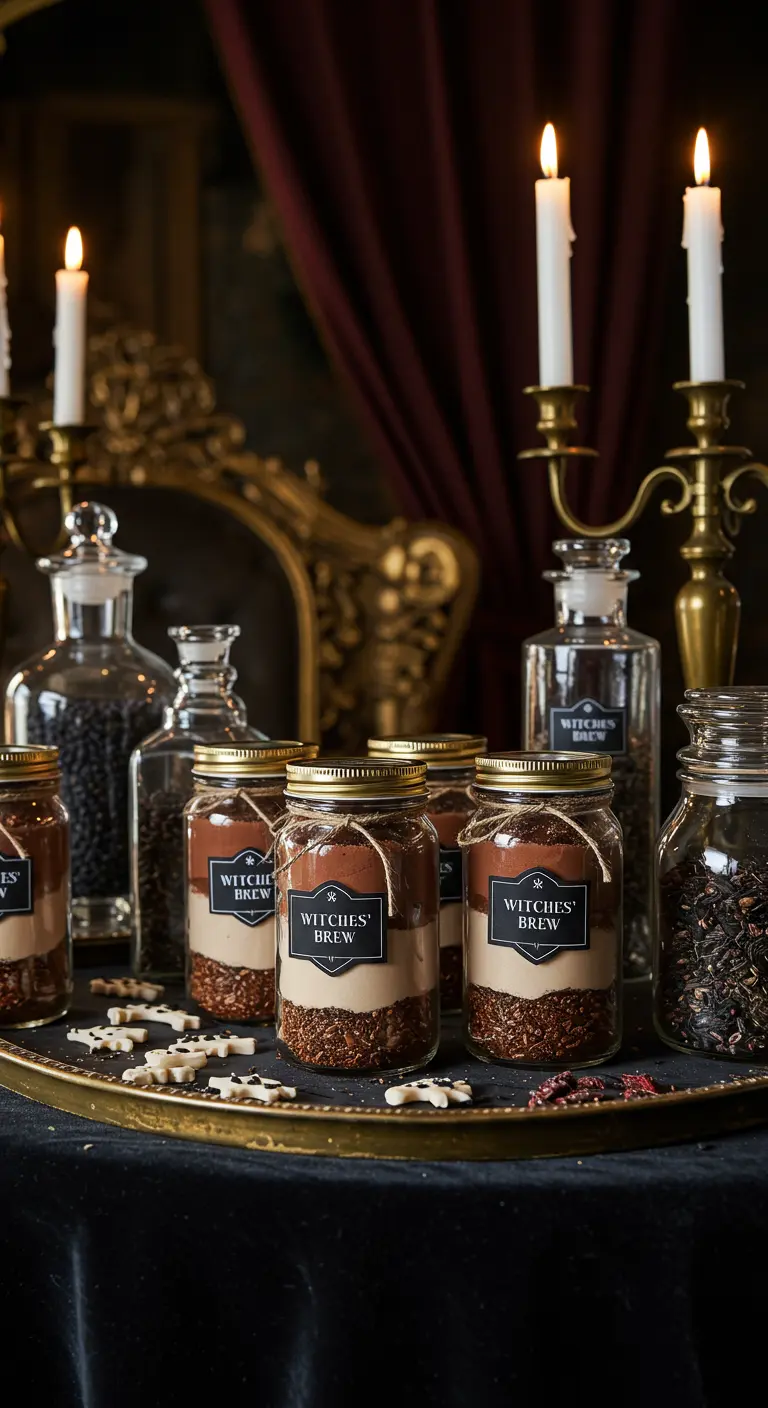 Tarros con capas de mezcla para chocolate caliente etiquetados como 'Witches' Brew' en una bandeja dorada.