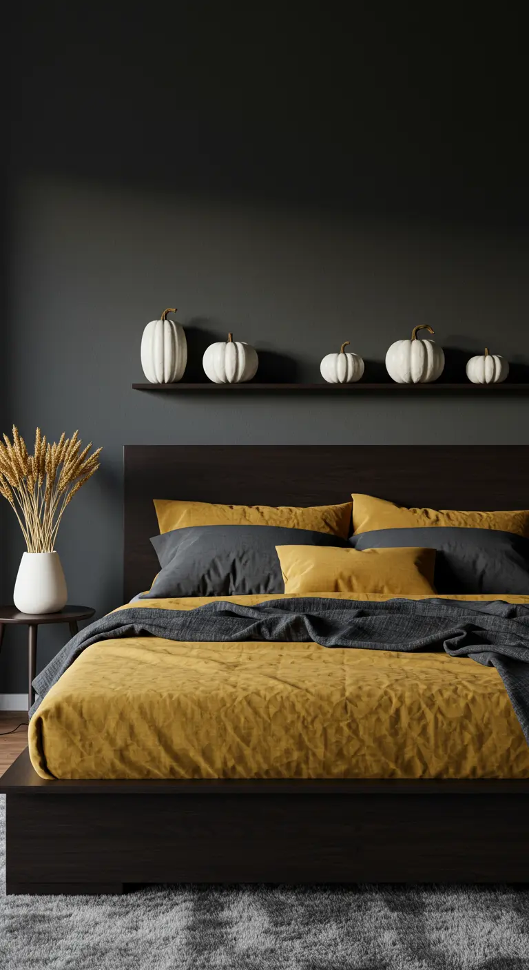 Dormitorio moderno con pared oscura, ropa de cama amarilla y calabazas blancas en un estante.