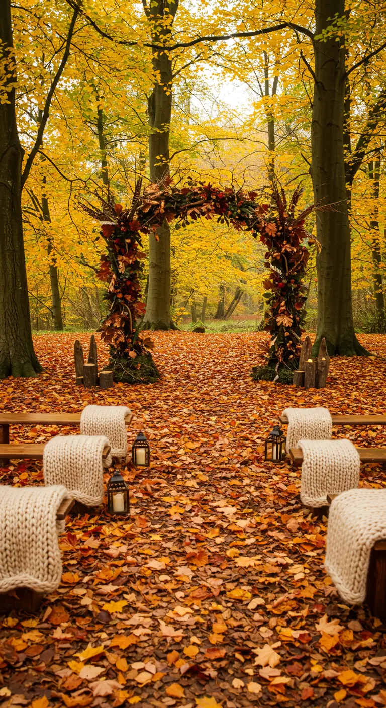 Ceremonia de boda en un bosque otoñal con un arco de ramas y hojas secas.