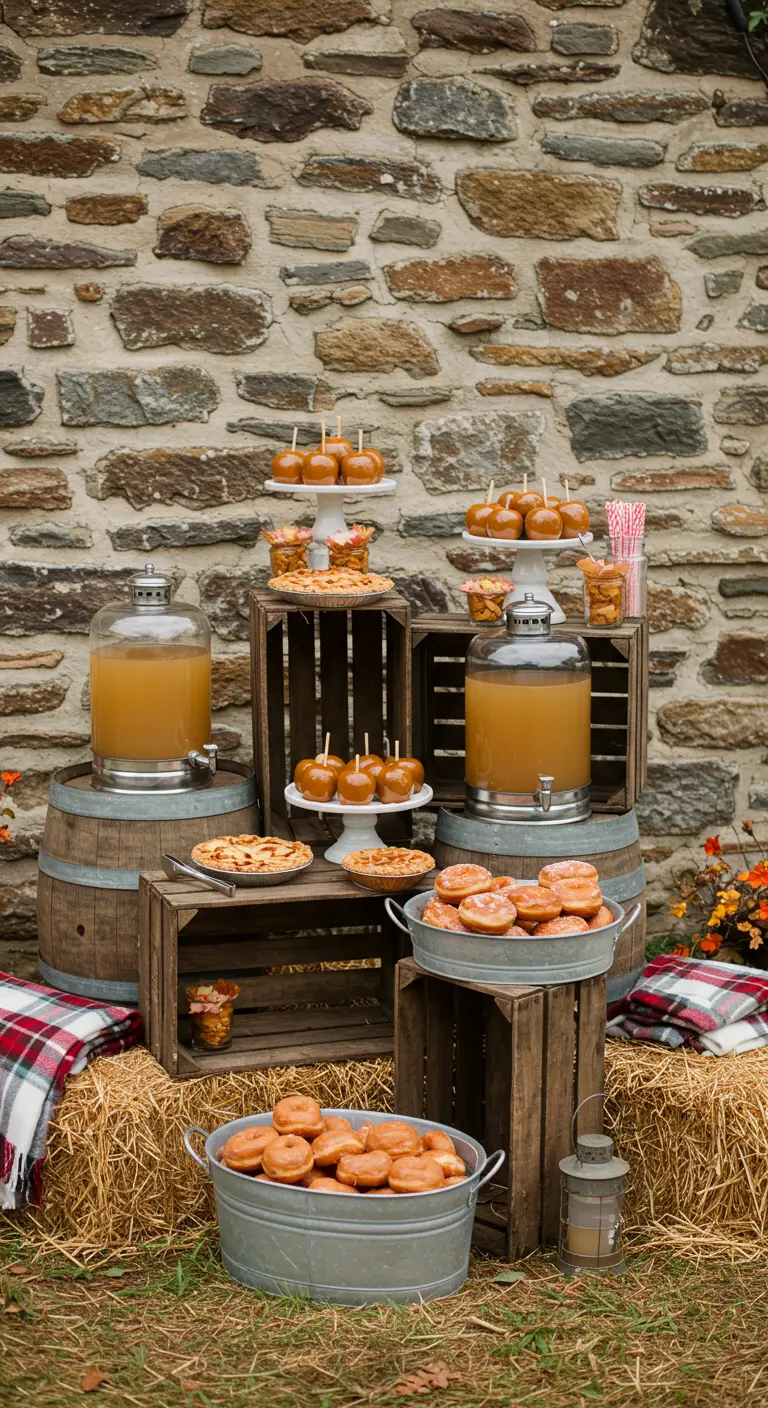 Barra de postres otoñal con manzanas de caramelo, sidra y decoración rústica.