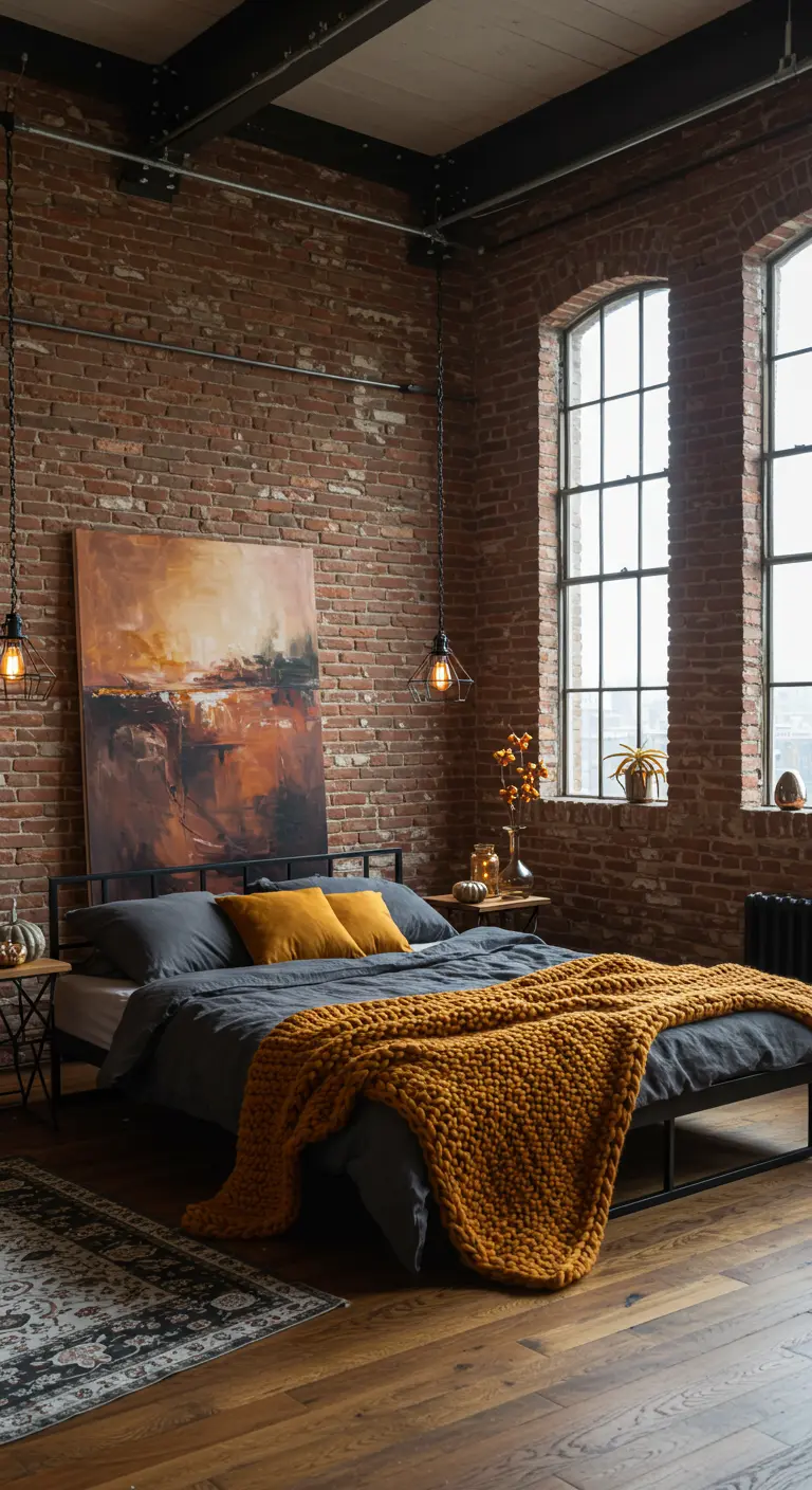 Dormitorio tipo loft industrial con pared de ladrillo y una manta de punto grueso amarilla.