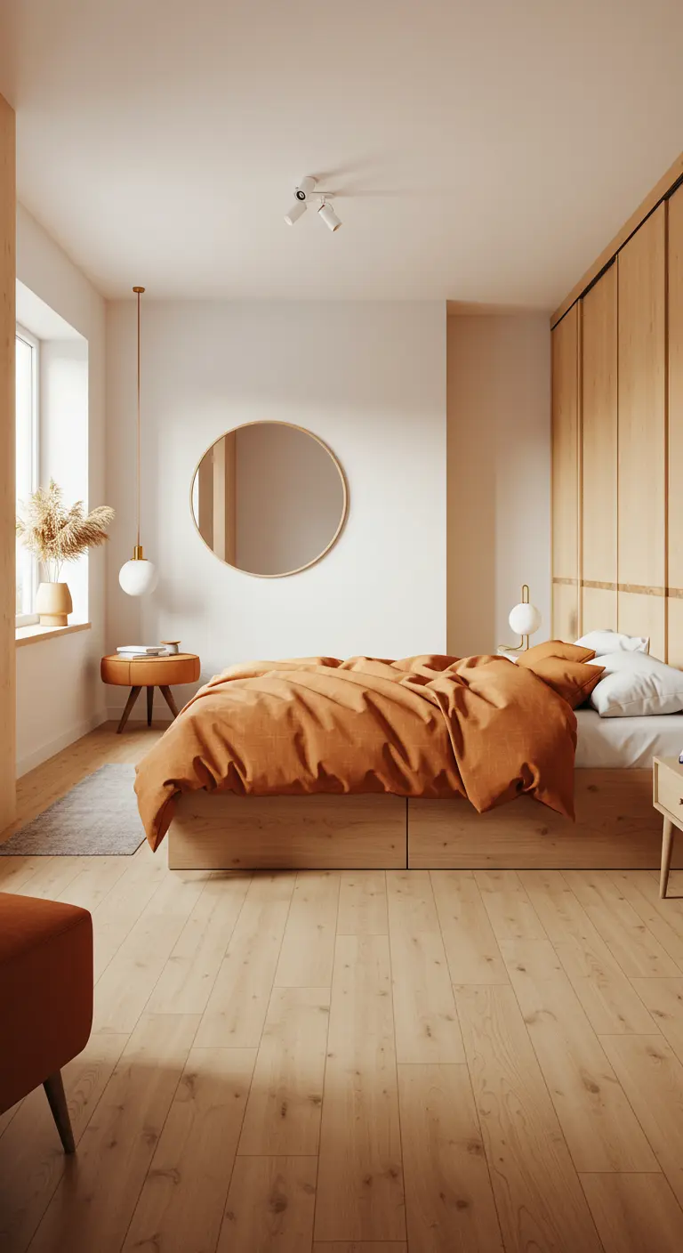 Dormitorio de estilo Japandi con paredes blancas, muebles de madera clara y ropa de cama color óxido.