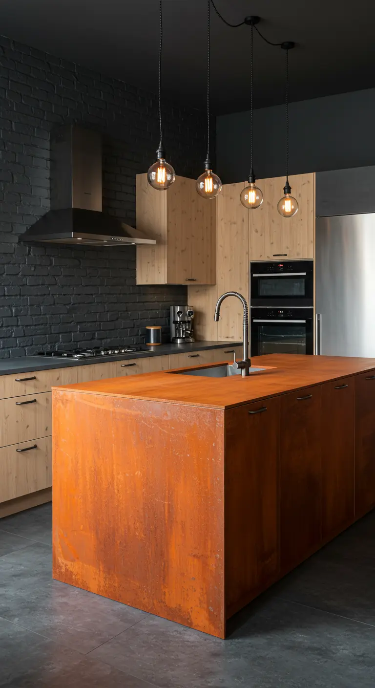 Cocina con isla de acero oxidado en tono naranja intenso y pared de ladrillo negro.
