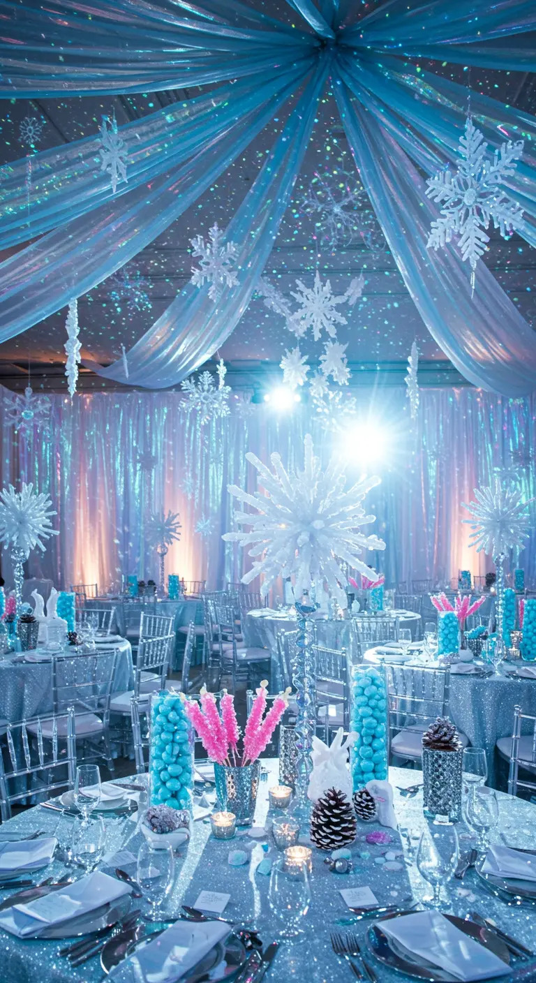 Decoración de fiesta invernal con telas iridiscentes, copos de nieve y caramelos de colores.