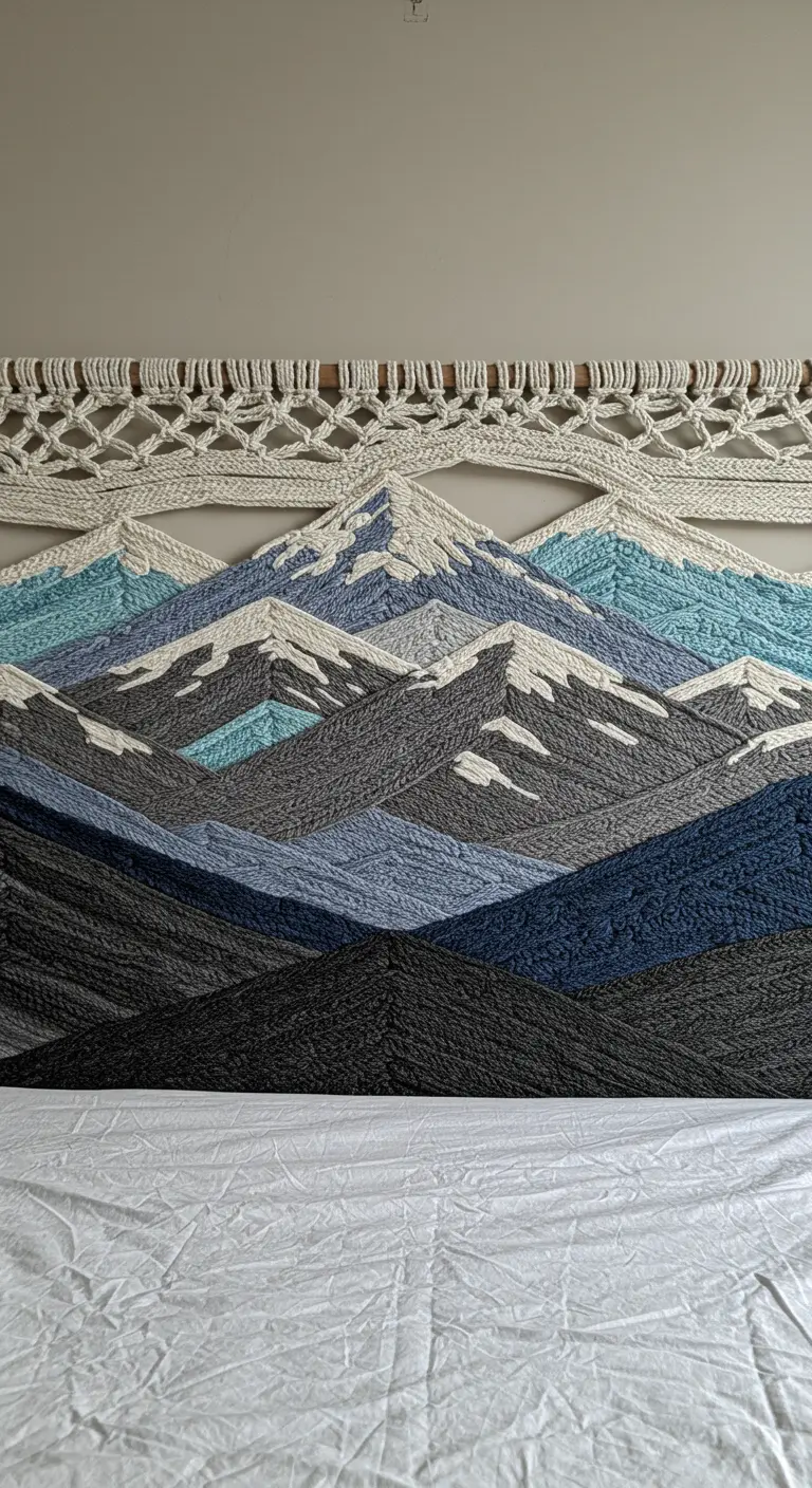 Gran tapiz de macramé y tejido que representa un paisaje montañoso en tonos grises, azules y blancos.