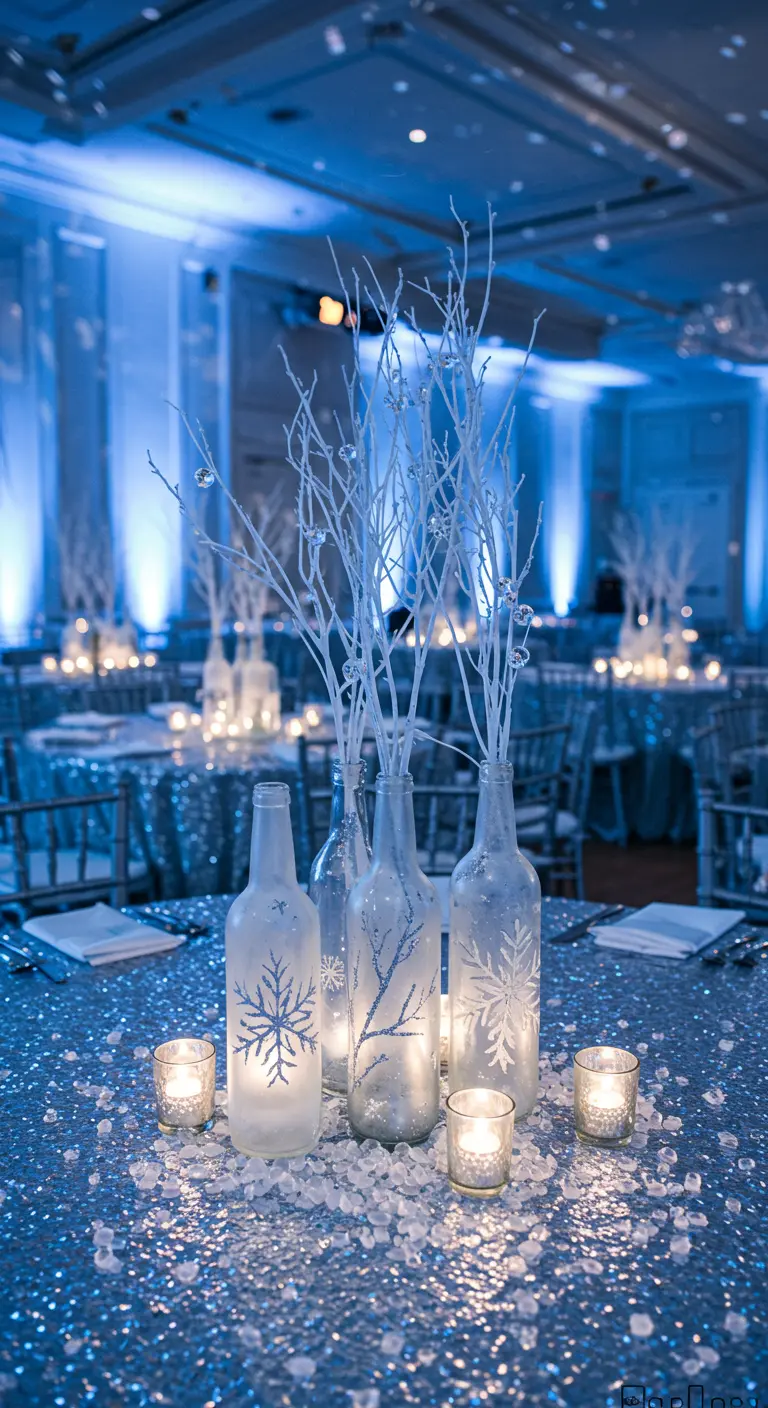 Centro de mesa invernal con botellas esmeriladas pintadas con copos de nieve y ramas blancas.