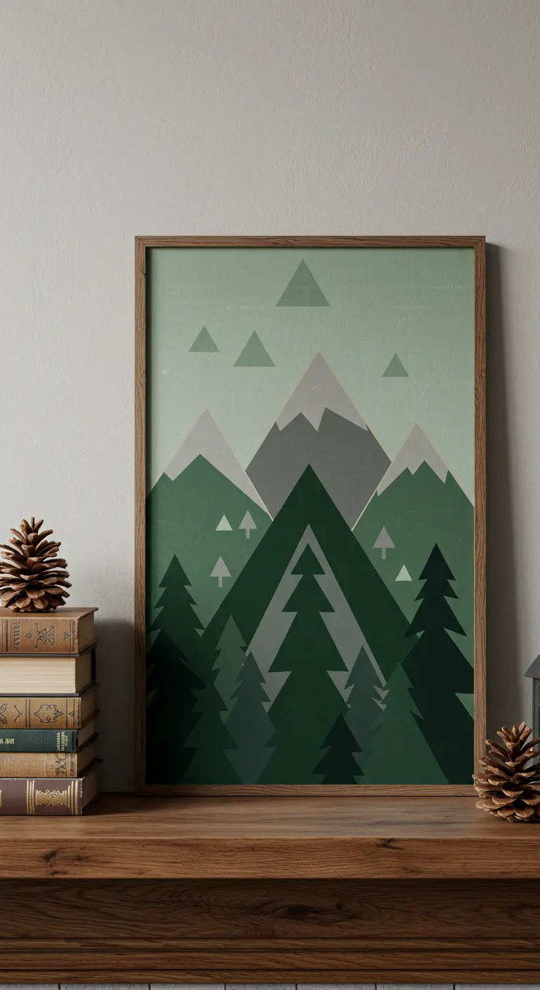 Cuadro geométrico de un paisaje de montañas y árboles en varios tonos de verde, estilo minimalista.