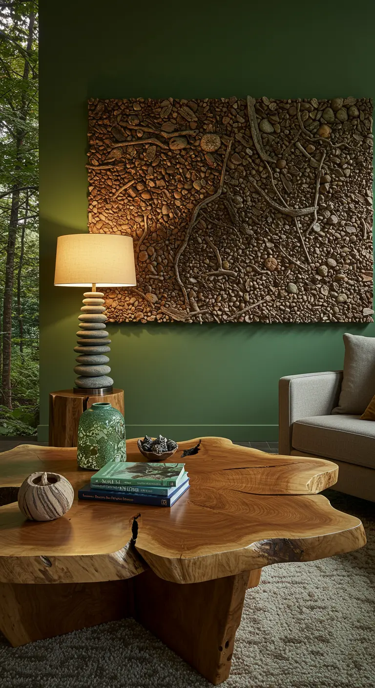 Gran obra de arte de pared hecha con piedras, guijarros y ramas sobre una pared verde.