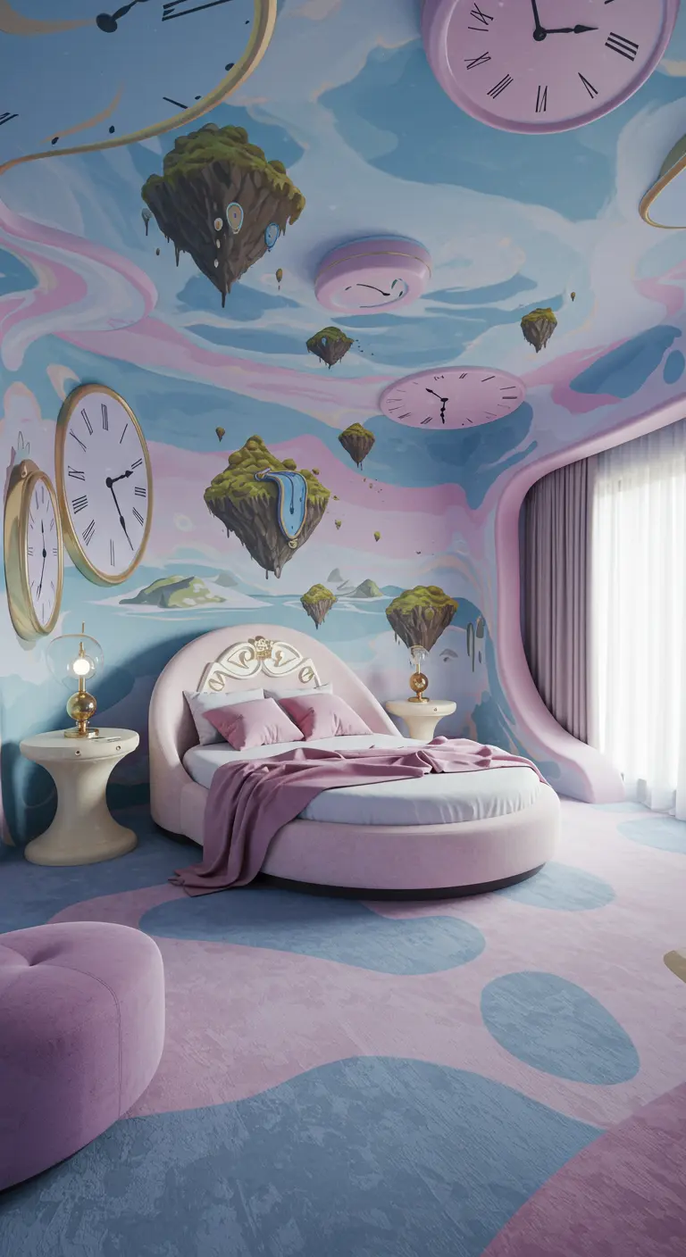 Dormitorio surrealista con un mural de islas flotantes y relojes en un cielo pastel.